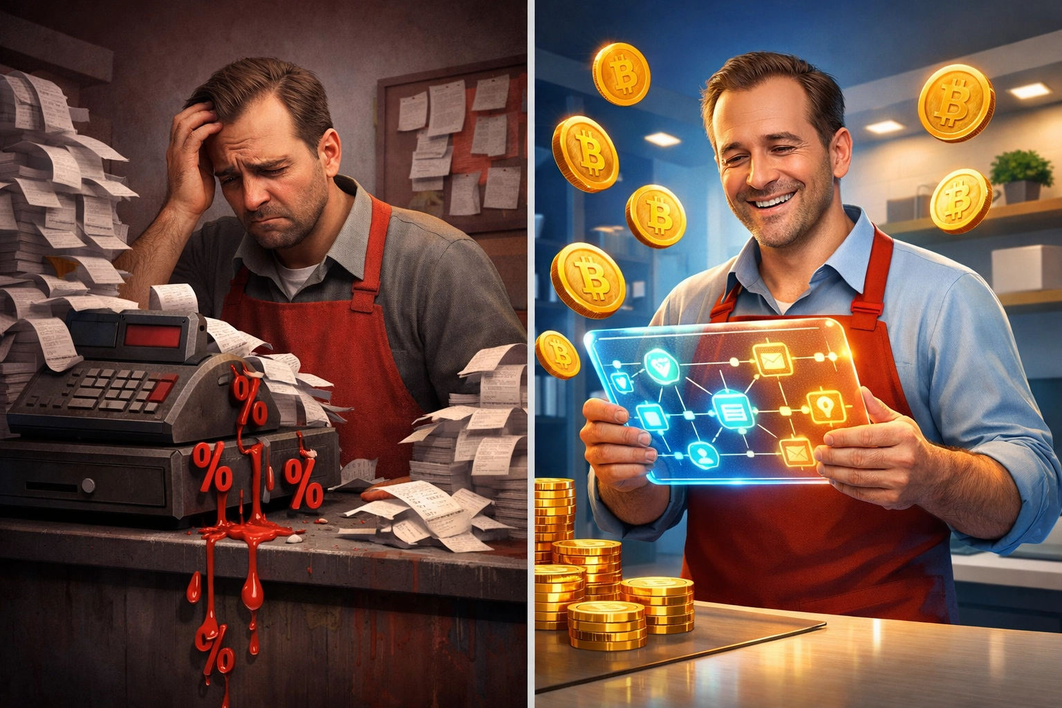 Merchant comparison showing traditional payment fees versus blockchain crypto payment savings