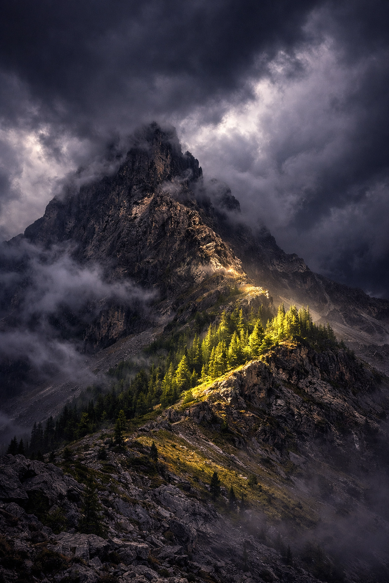 Storm clouds over a mountain as sun breaks through: landscape photography light timing