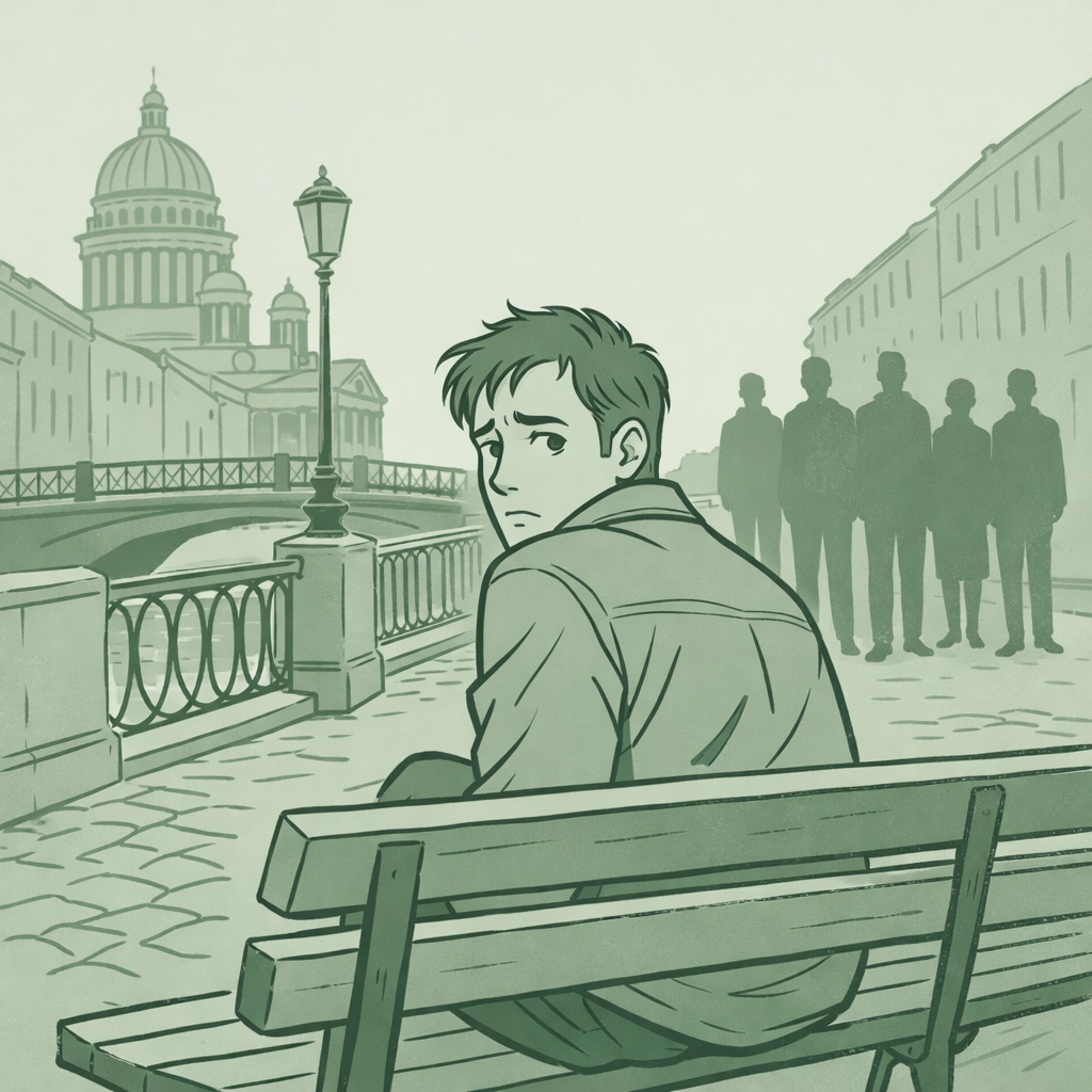 Gay man sitting anxiously on Saint Petersburg bench under surveillance before escaping Russia