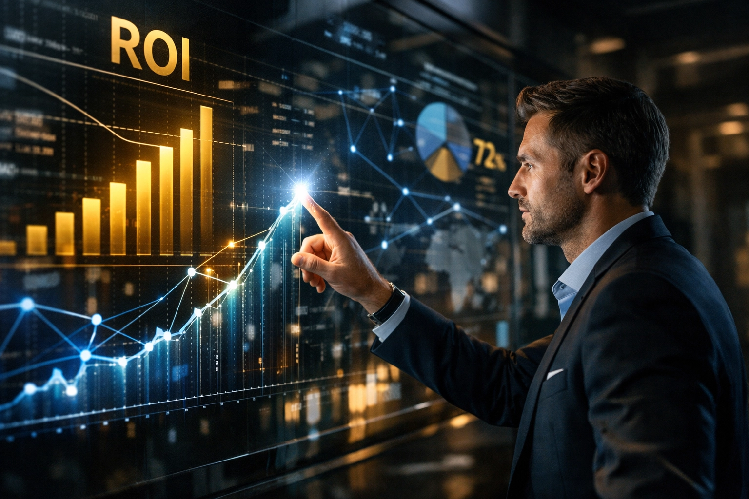 Marketing executive analyzing Super Bowl ad ROI data on a digital display to maximize marketing efficiency.