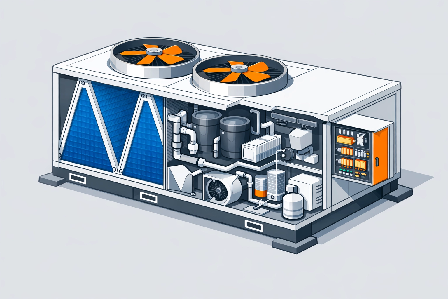 Detailed illustration of a commercial rooftop HVAC unit showing clean internal components for spring startup.