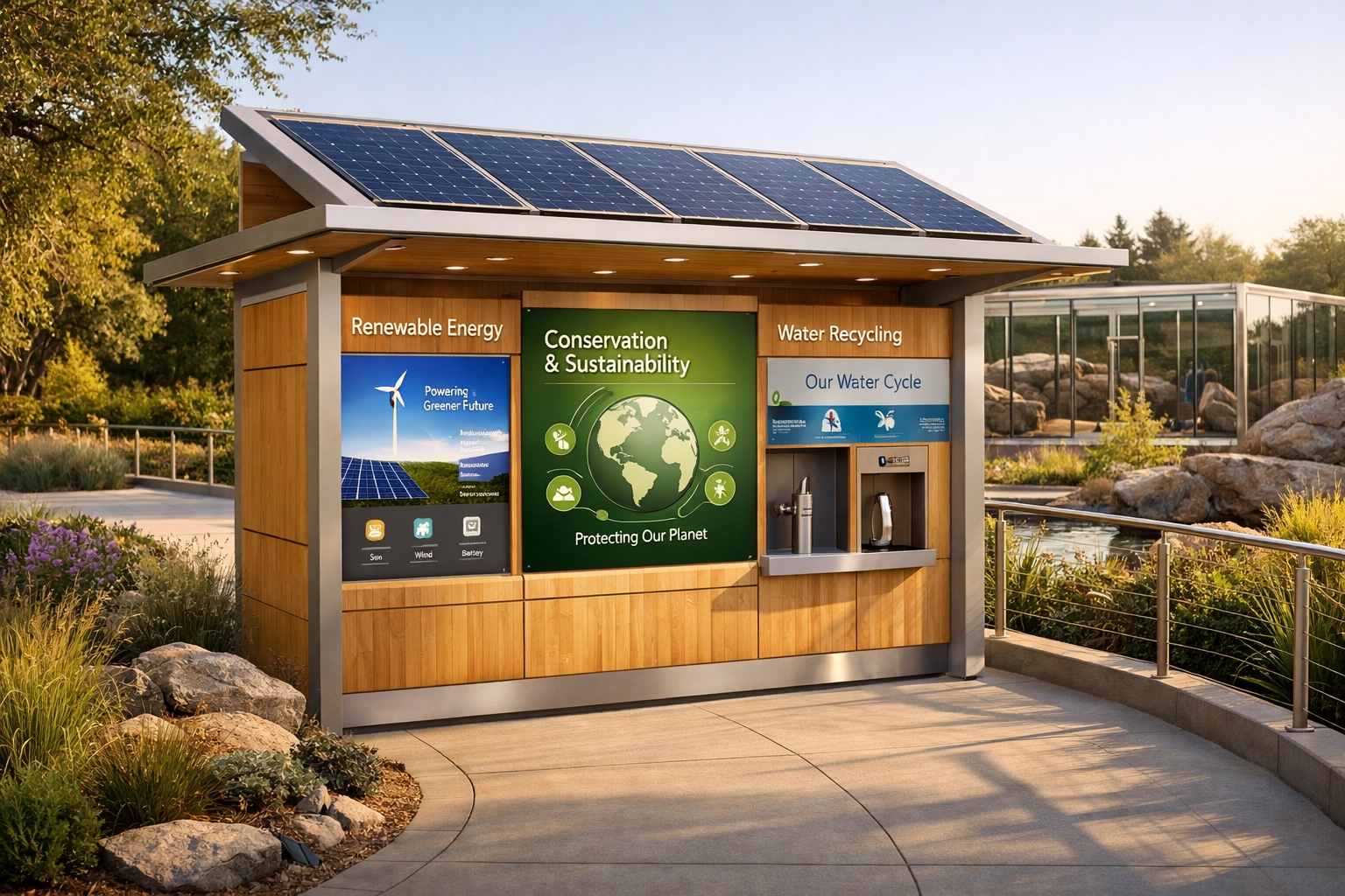 Modern solar-powered educational display station in a zoo showing mission-aligned brand sponsorship.