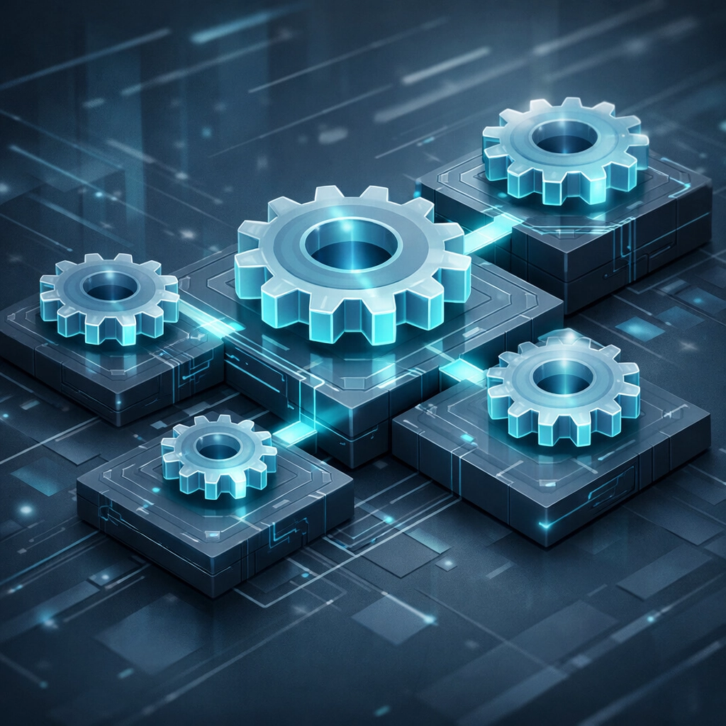 Interconnected digital gears representing efficient managed IT services and synchronized support models.