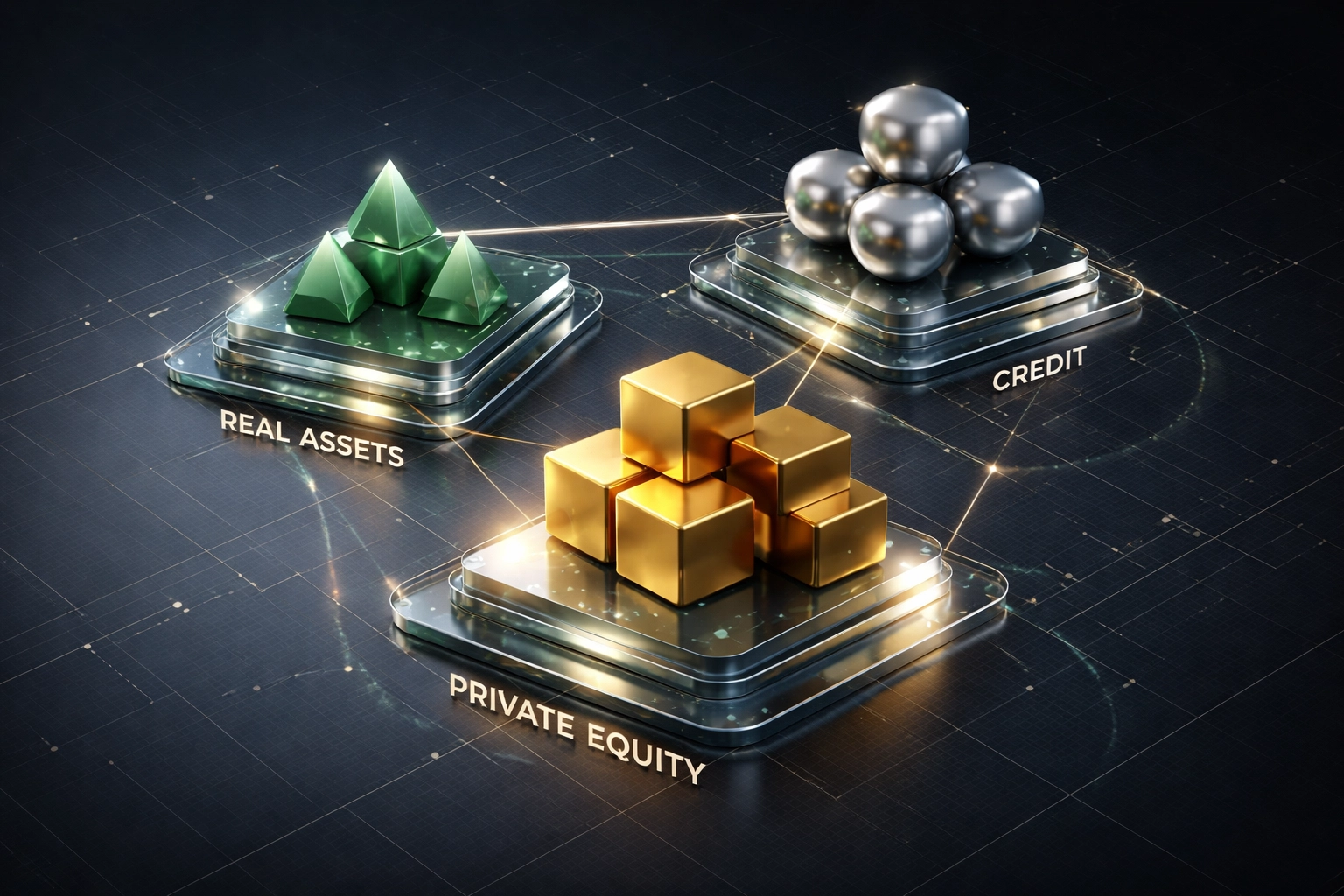 Modern investment portfolio visualization illustrating asset class diversification for private equity investors