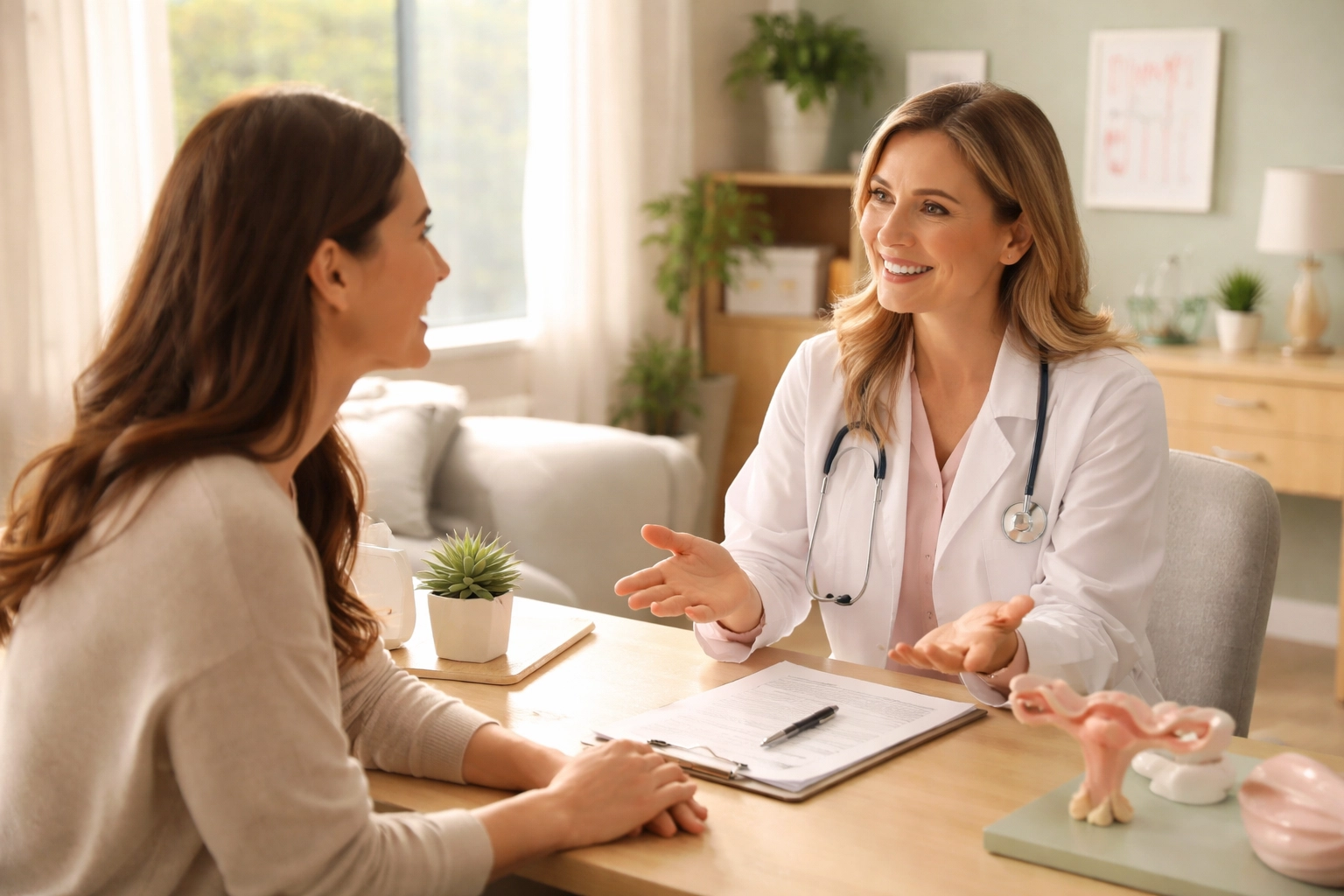 A Wisconsin surrogate listens to a friendly medical professional during clinic screening in a bright, welcoming fertility clinic.