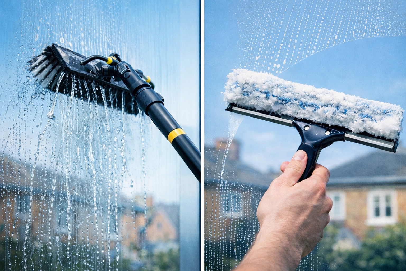 [HERO] Side-by-side comparison: water fed pole (modern) vs squeegee (traditional) window cleaning