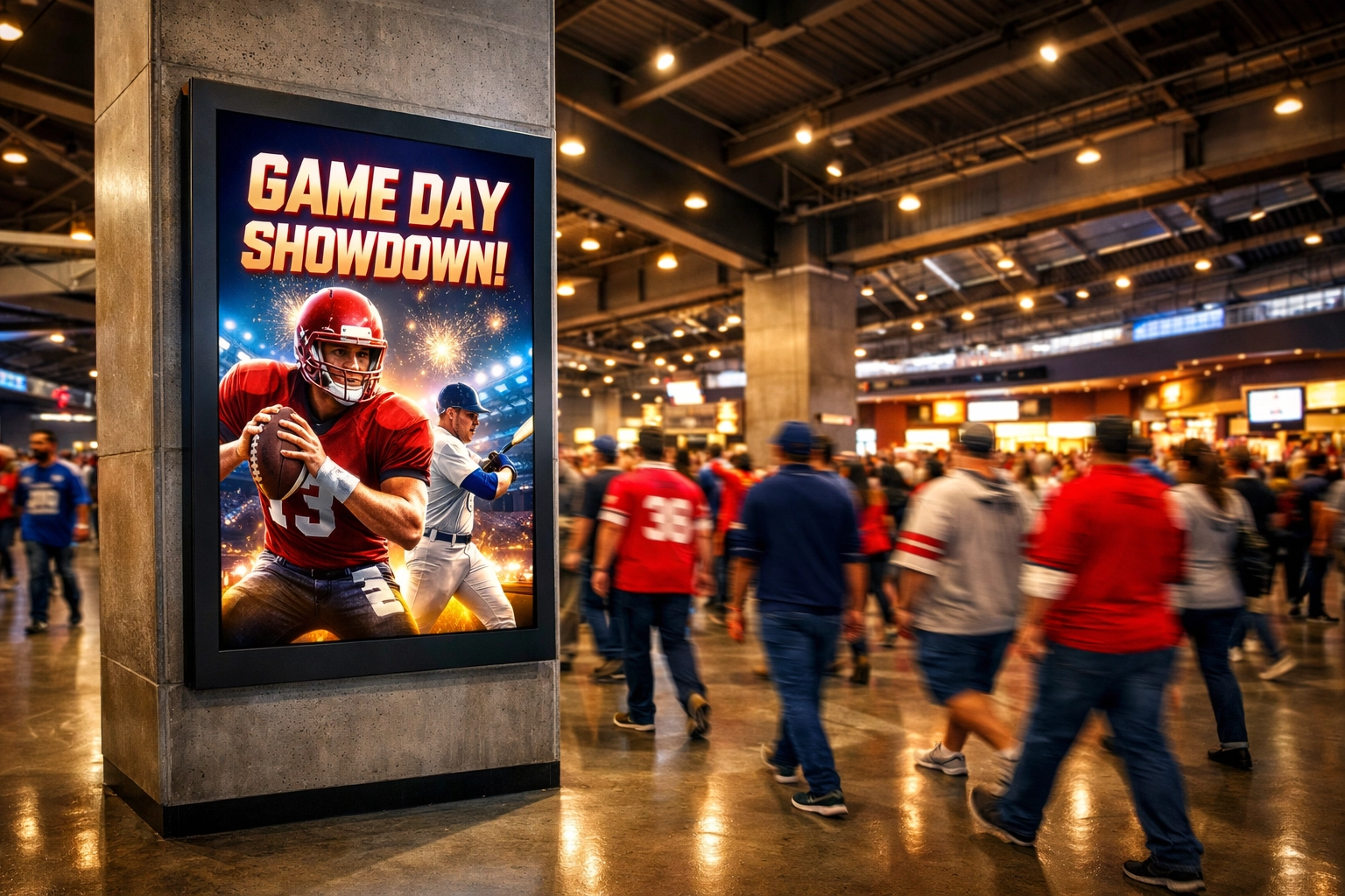 Digital signage display showing sports advertisements in a busy stadium concourse filled with fans.