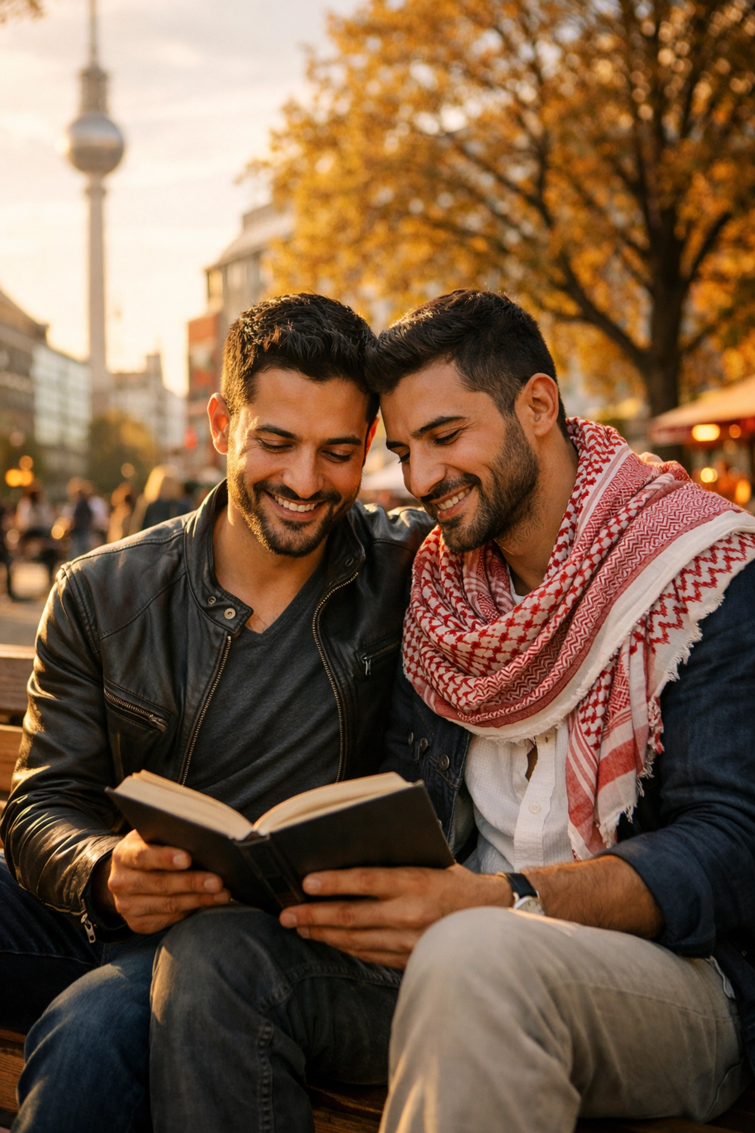 Two gay Middle Eastern men reading a book together in a city park, representing modern MM romance and diaspora life.