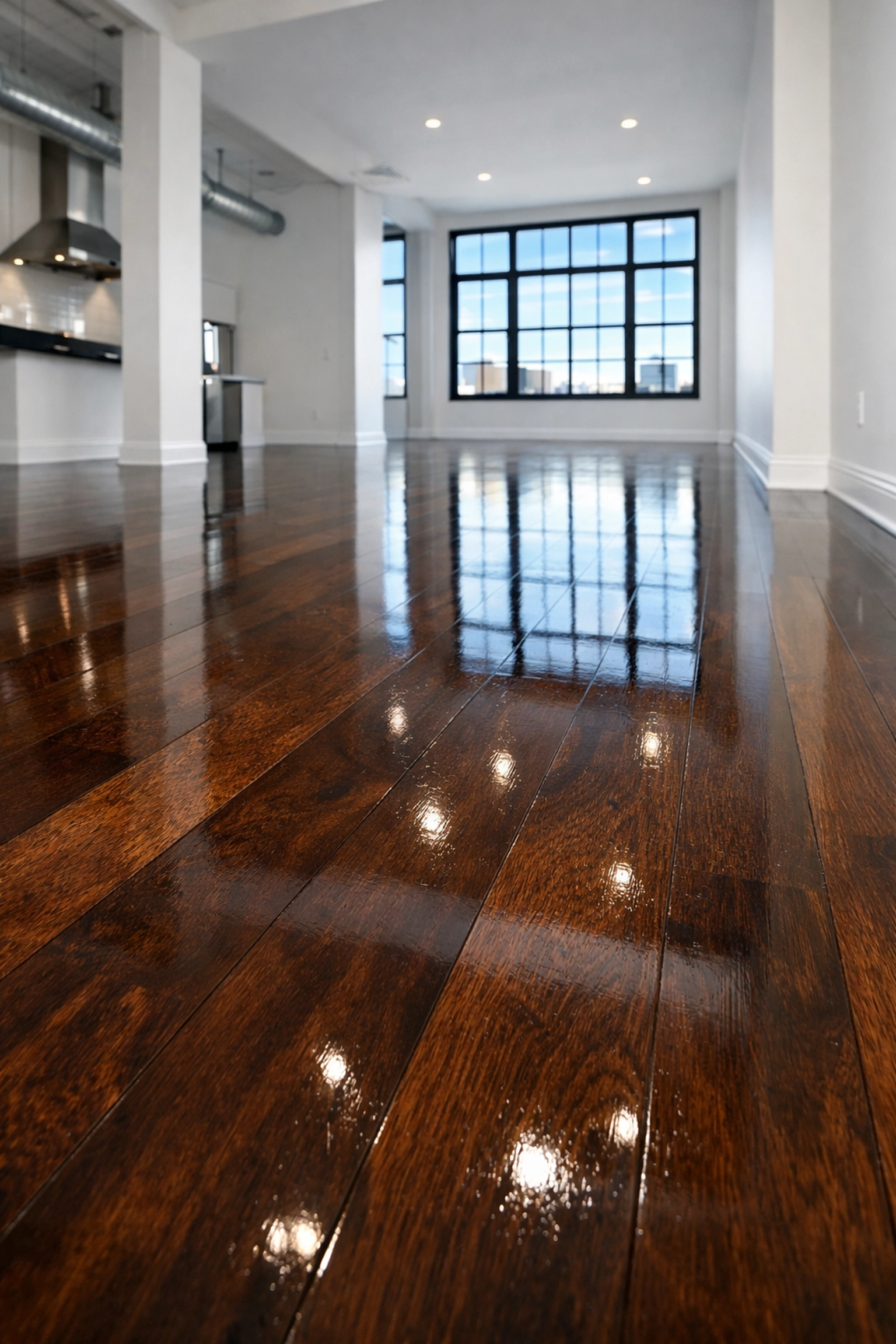 Polished hardwood floors and sanitized surfaces after move-in/move-out cleaning Lowell.