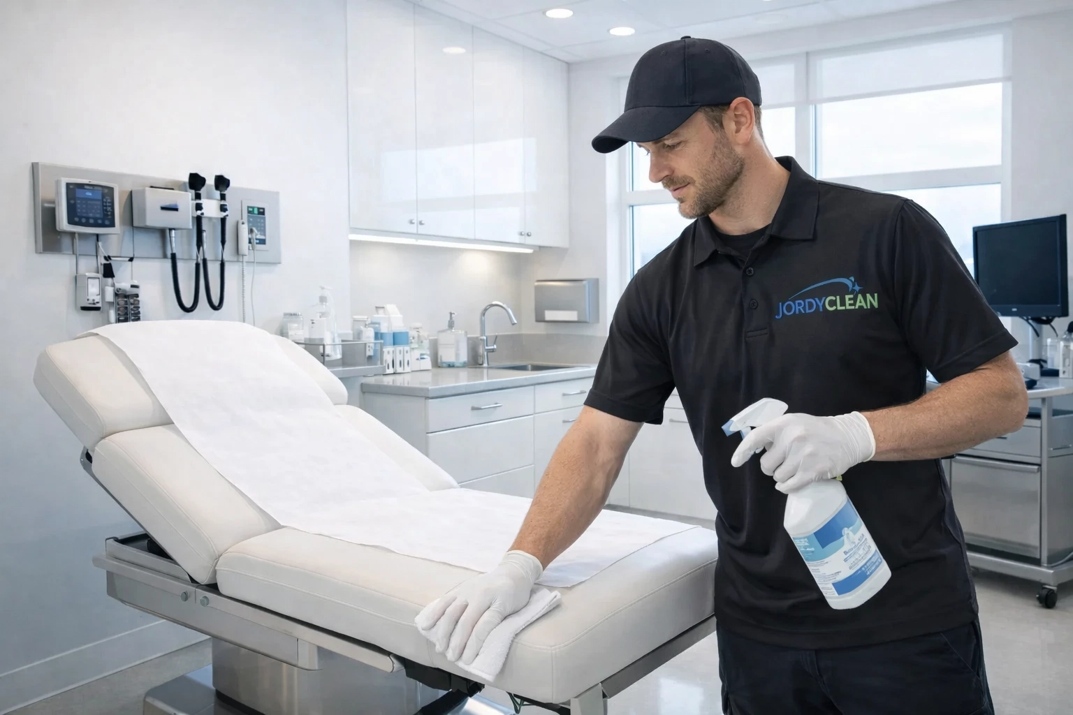 Pristine medical suite featuring sanitized countertops and organized supplies reflecting JordyClean’s white glove standards
