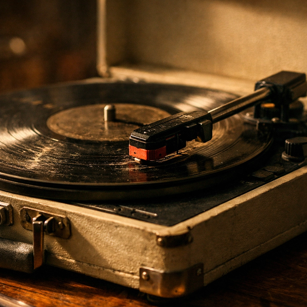 Cheap suitcase turntable with needle pressing into vinyl record showing groove damage