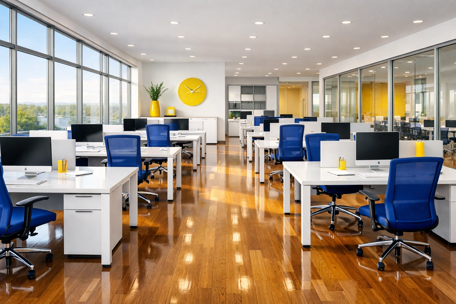 A spotless open-plan workspace showcasing the results of professional office cleaning in Milford.