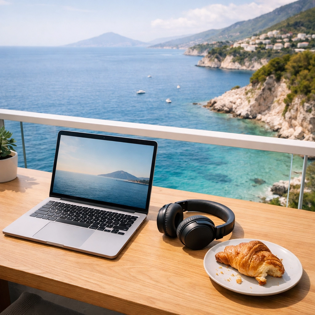 Remote work setup on a Mediterranean balcony using a time zone converter to manage global schedules.