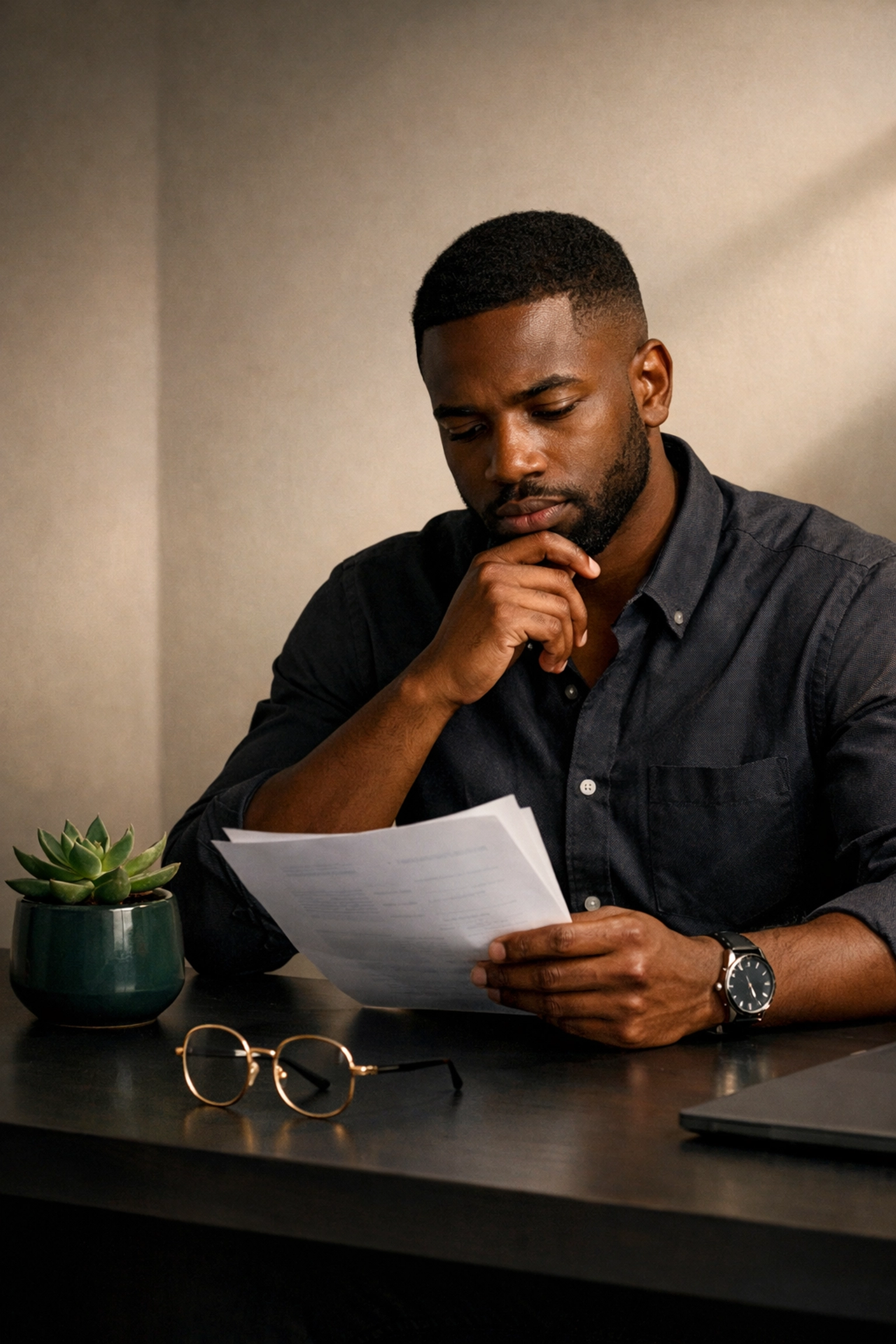 LLC owner reviewing BOI filing requirements and paperwork at his desk