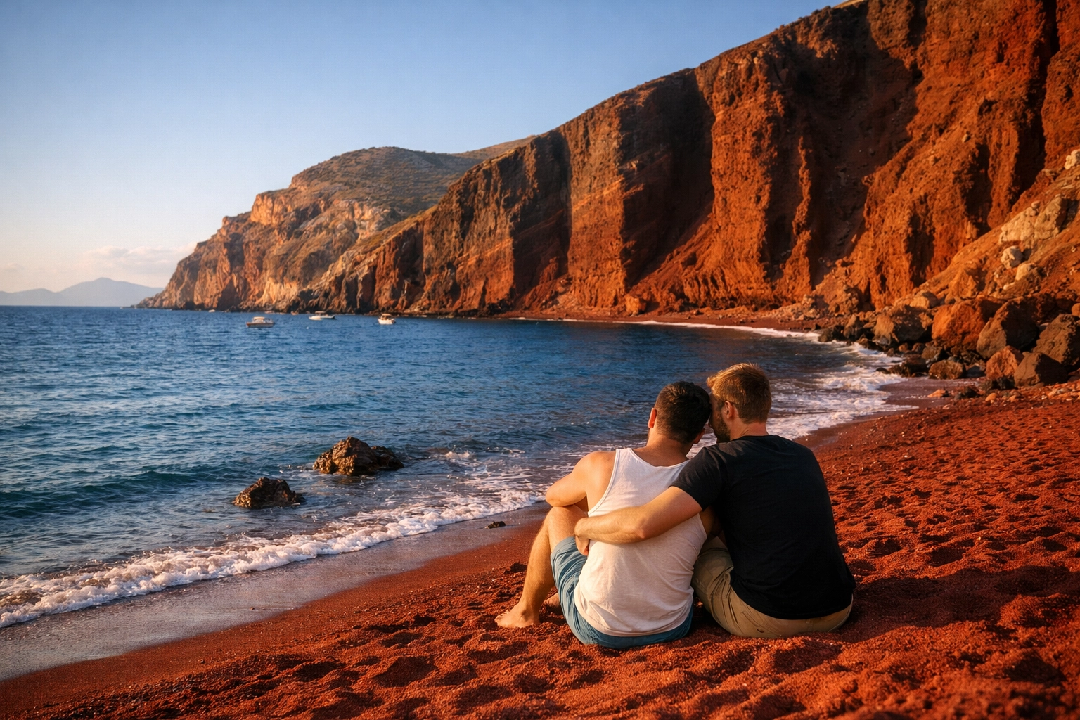 Red Beach Santorini nude beach with gay couple enjoying volcanic coastline