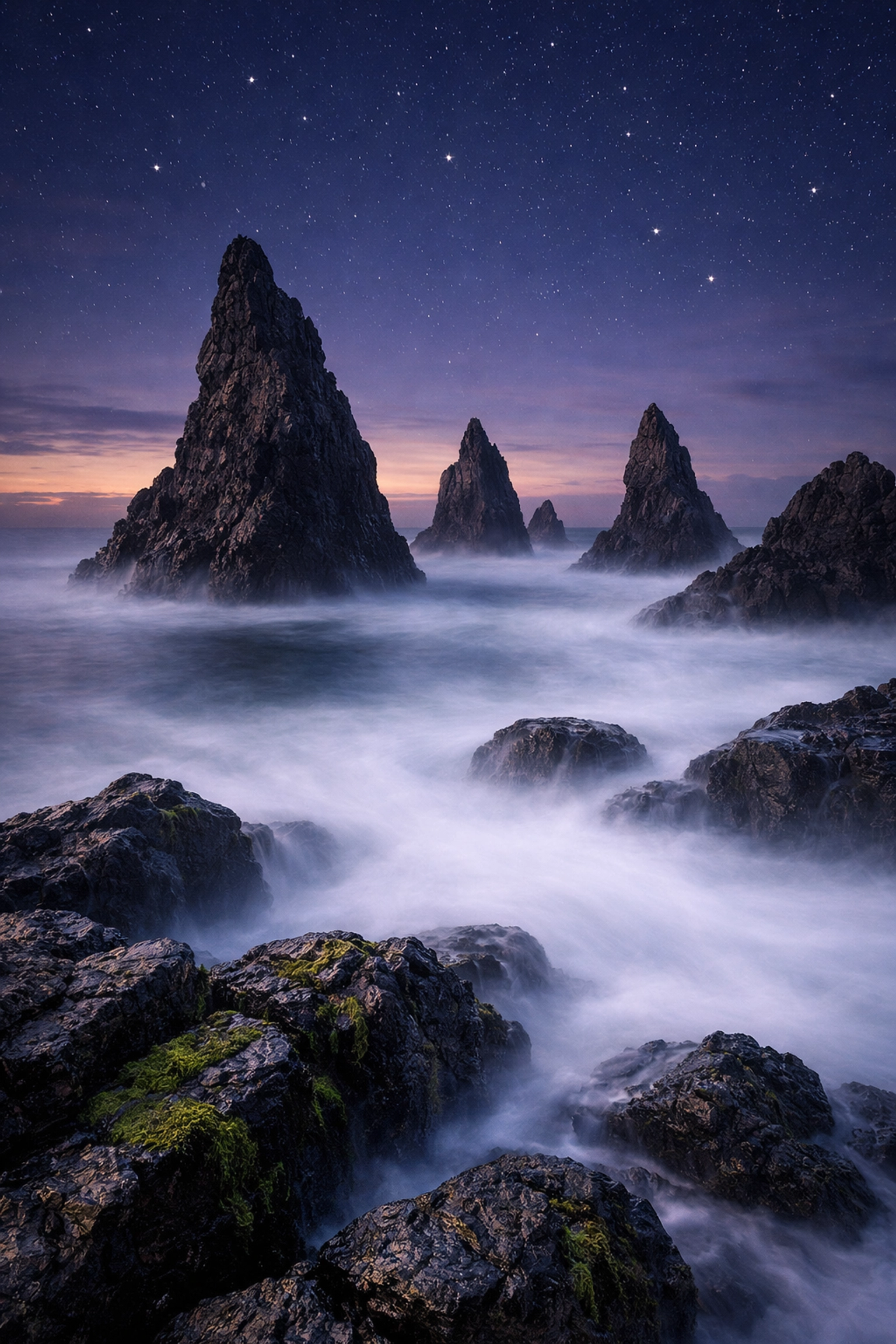 Long exposure landscape composition using an ND filter to create smooth water around jagged coastal sea stacks.