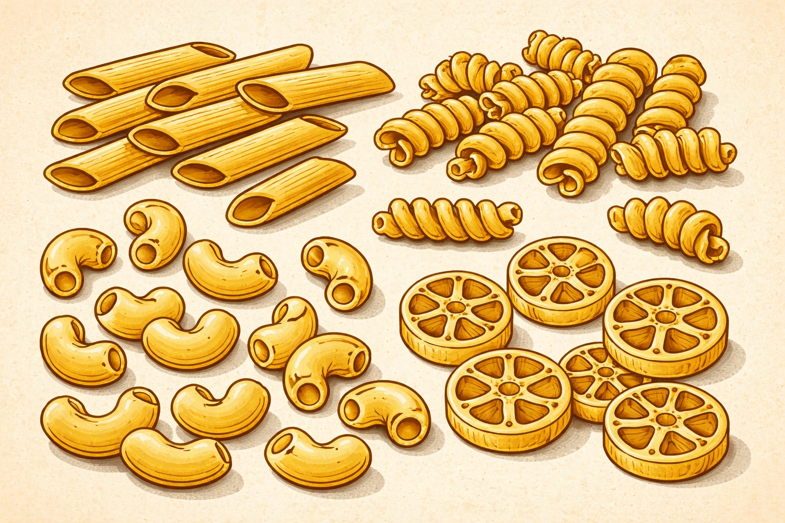 Assorted dry pasta shapes for kids construction site activity, including penne and wagon wheels, on a cream background