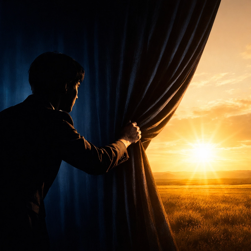 Silhouette pulling back a curtain to reveal a golden horizon representing the shift to sovereign reality.