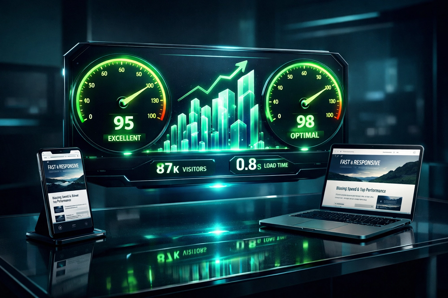 Technical SEO performance dashboard showing fast site speed and responsive web design metrics in Toronto.