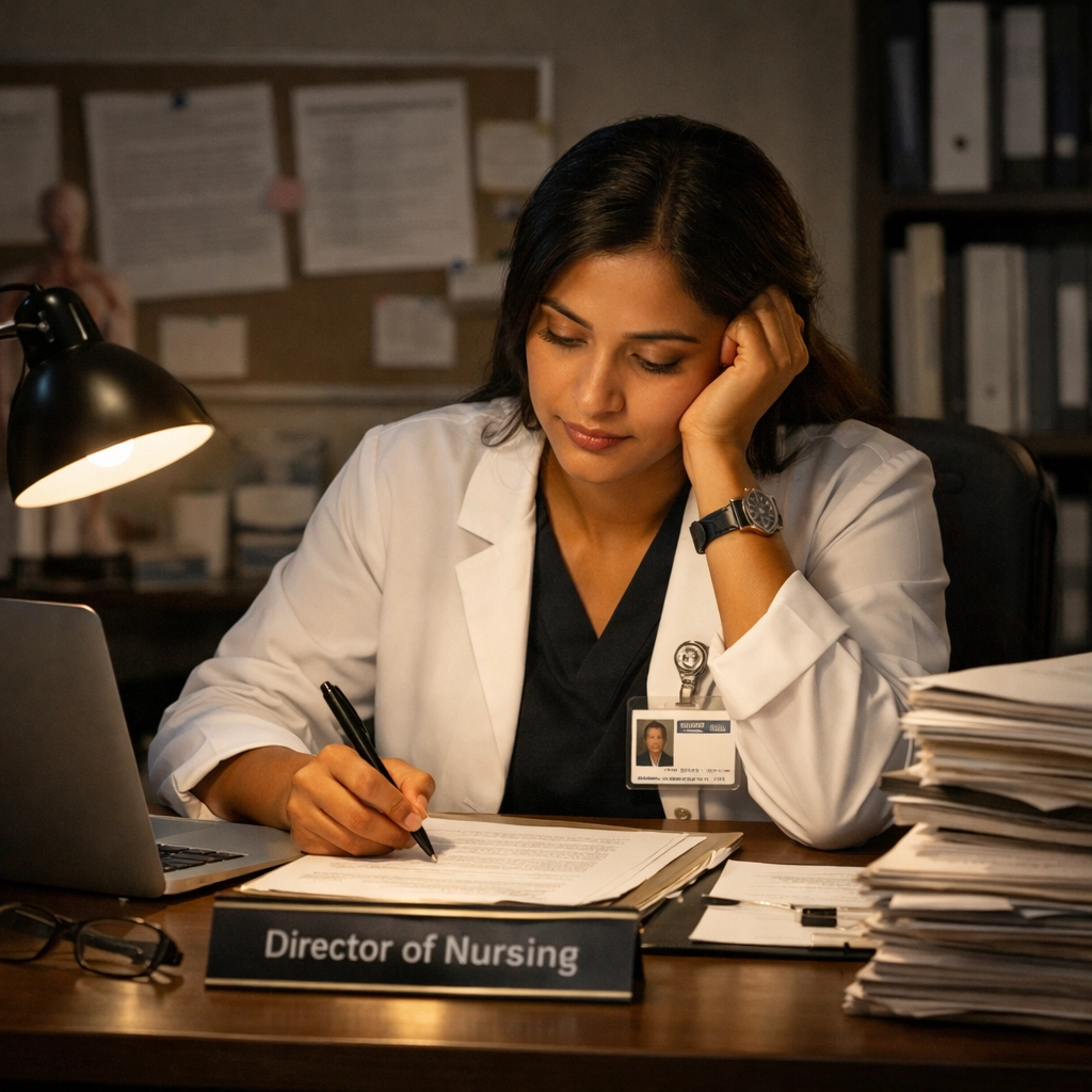 Director of nursing working late at her desk surrounded by paperwork and documentation