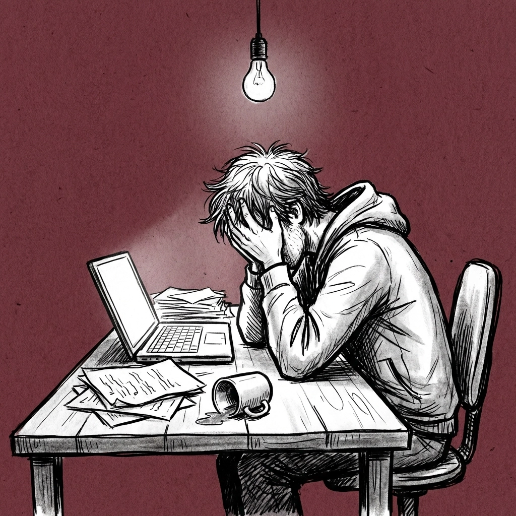 A creator sitting alone at a cluttered desk, representing freelancer isolation in the creative industry.