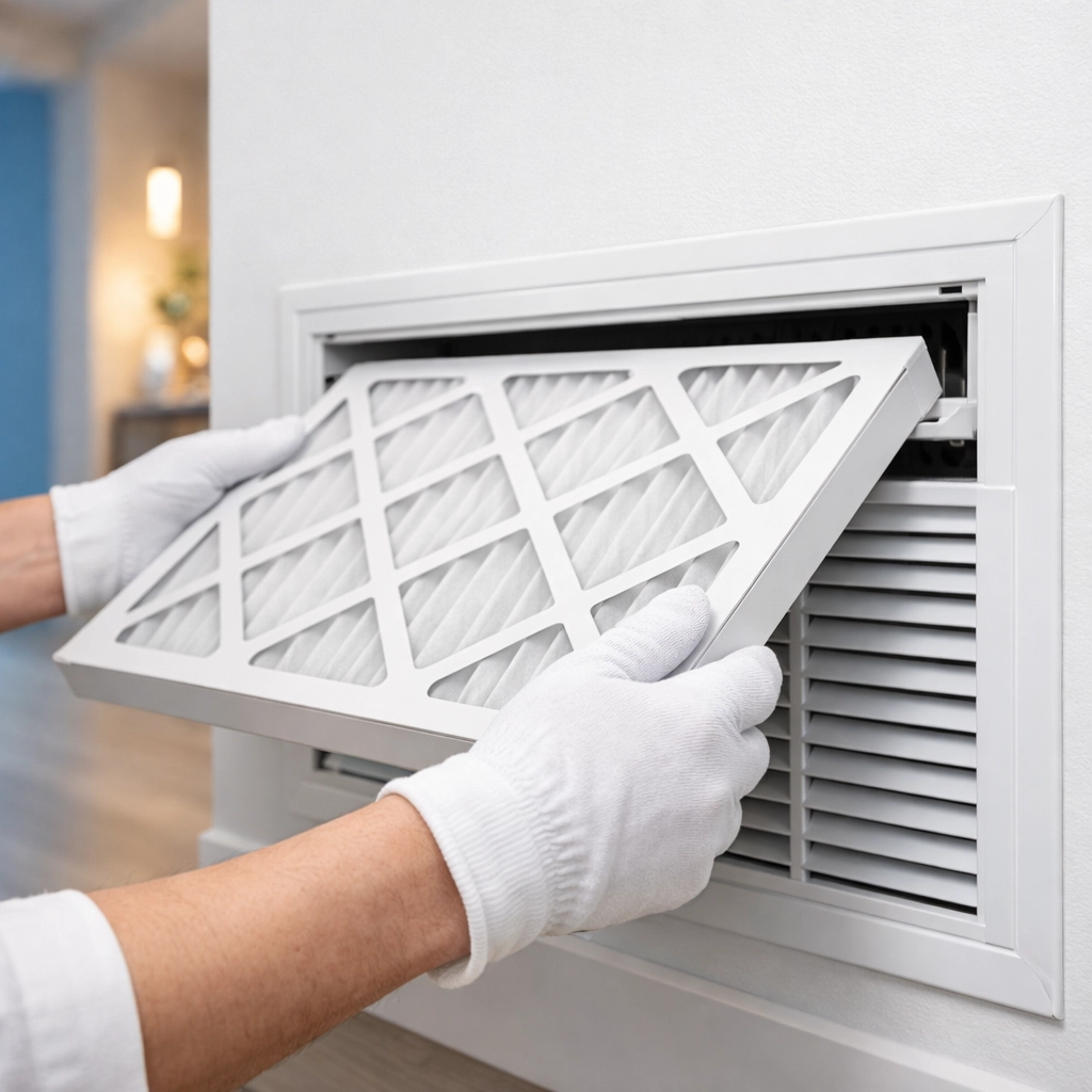 Hands sliding a new high-efficiency air filter into a white vent to stop post-construction dust.