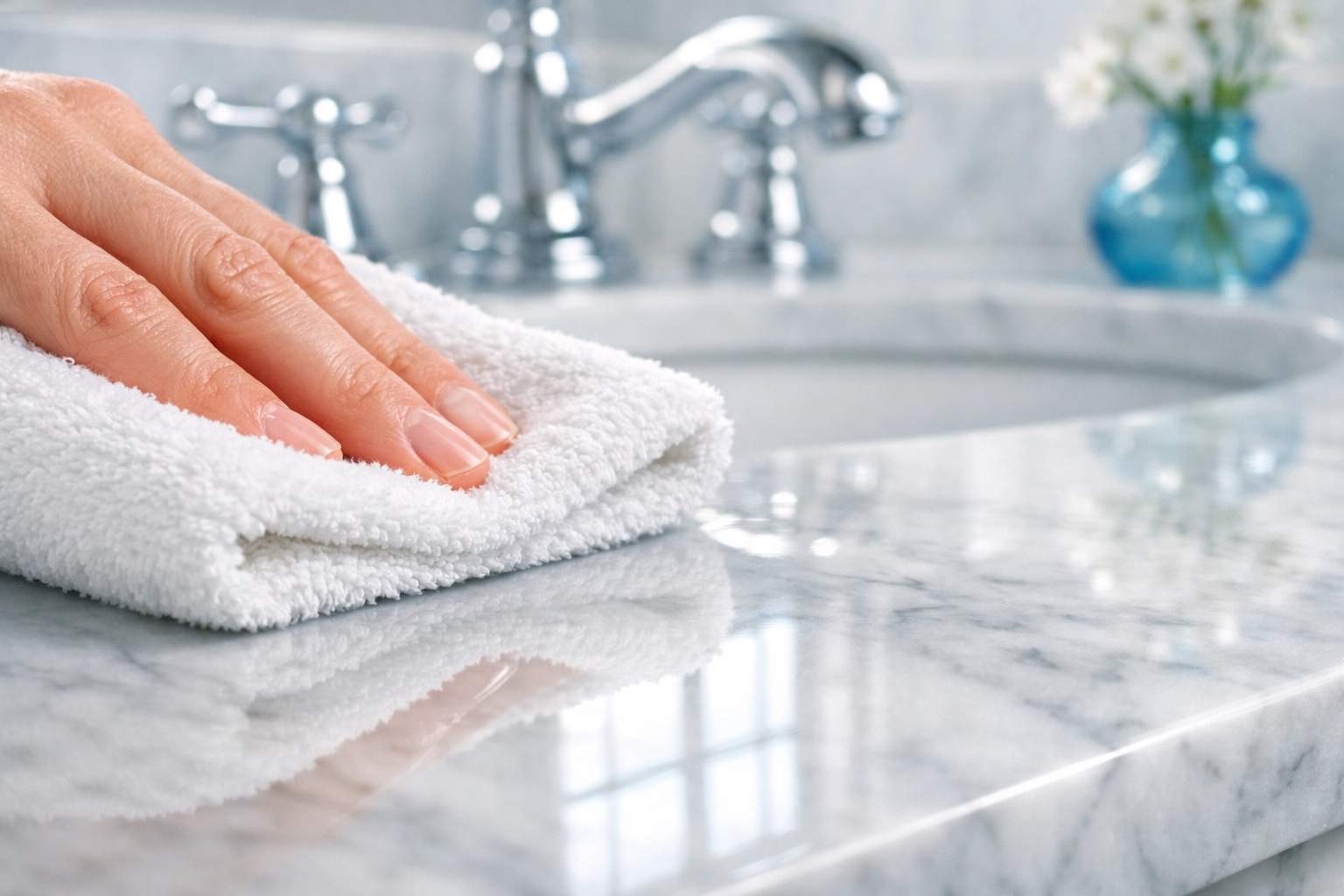 Close-up of expert residential cleaning Massachusetts on a marble countertop using a microfiber cloth.