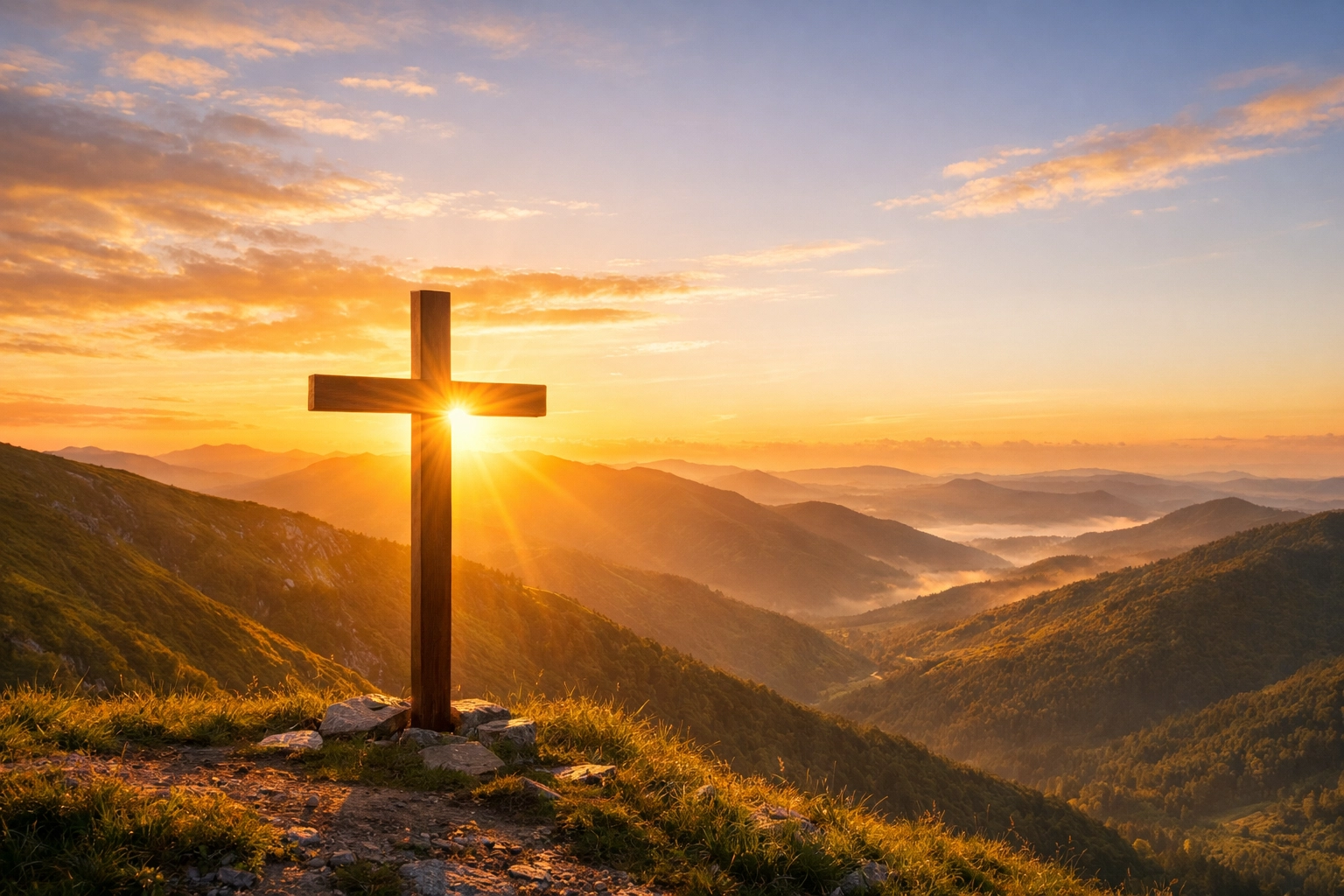 A wooden cross on a mountain at sunrise, representing the sacrificial love and commitment of Jesus Christ.