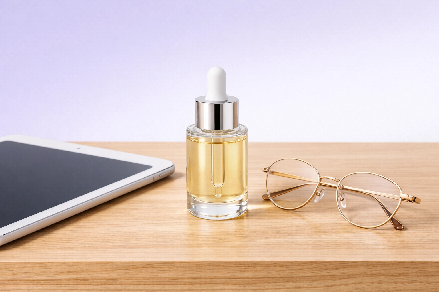 Digital tablet and serum bottle used for calculating K-beauty wholesale profit margins and landed costs.