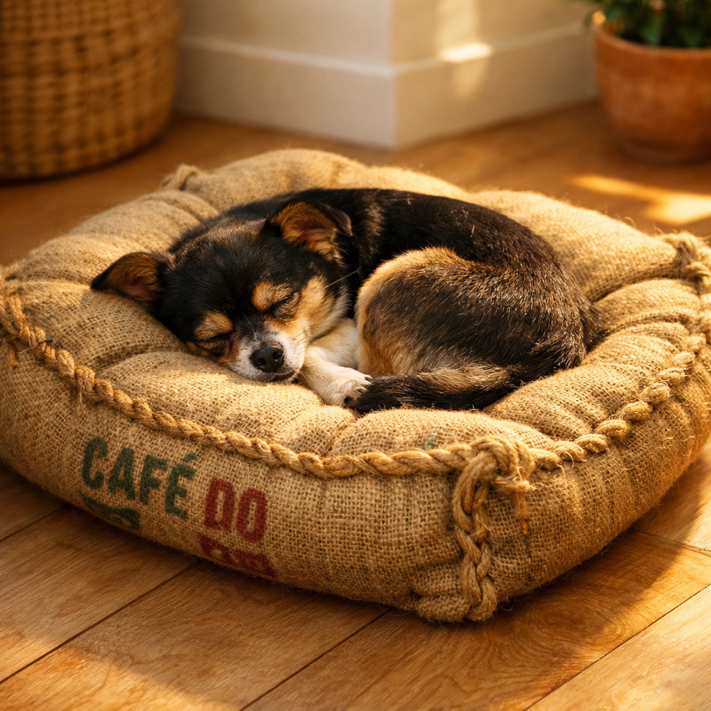 A cozy pet bed made from upcycled coffee sacks with a dog sleeping in a sunlit room.