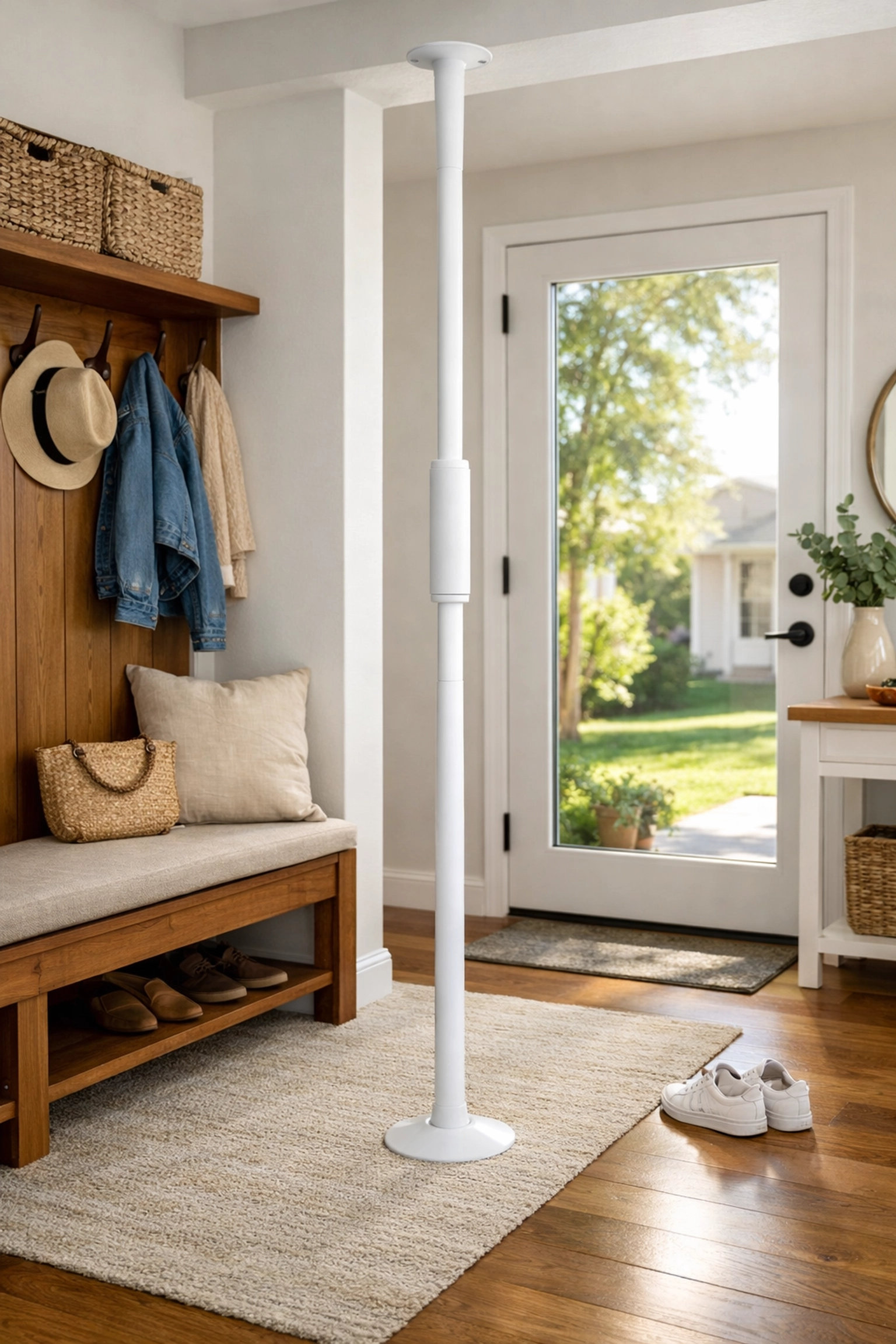 A floor-to-ceiling support pole installed near an entryway bench to assist with safe standing and mobility.