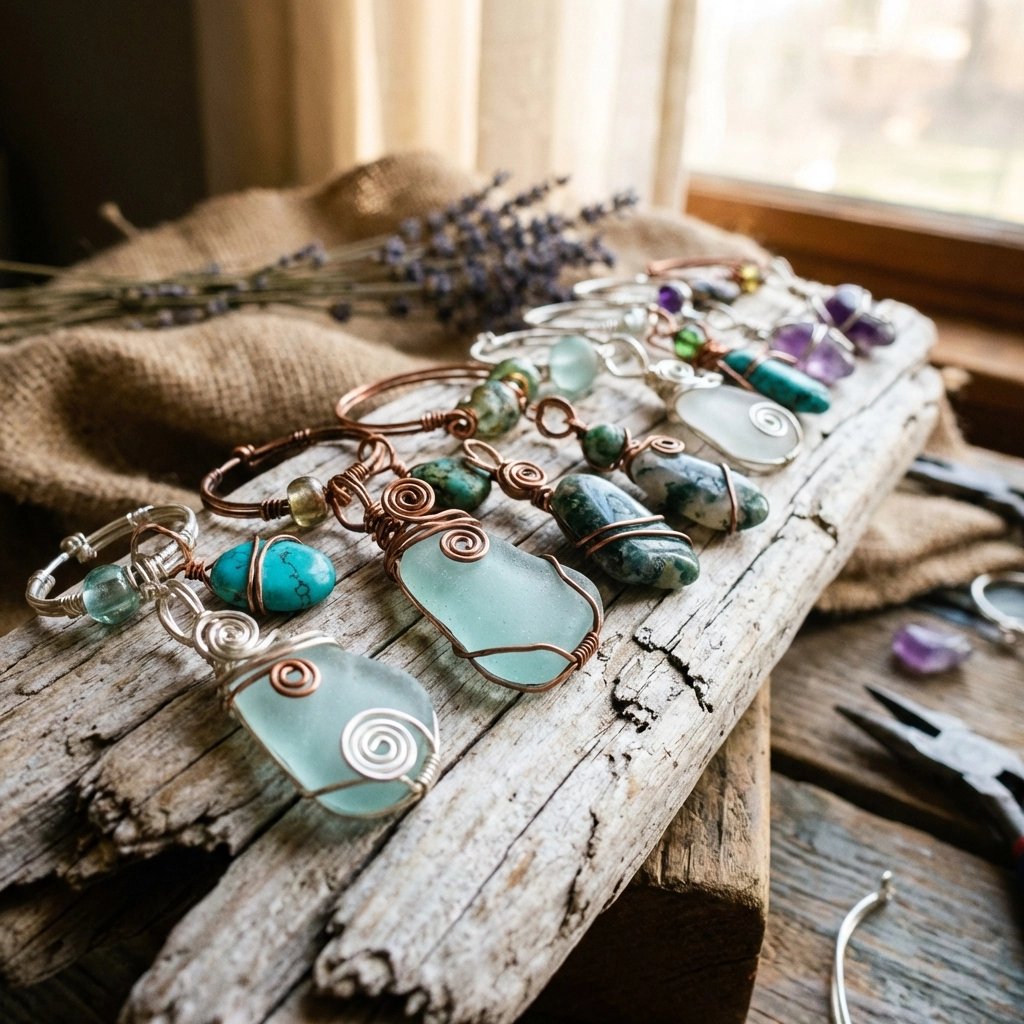 Close-up of handcrafted wire-wrapped jewelry made with sea glass and vintage beads, highlighting sustainable craft techniques.