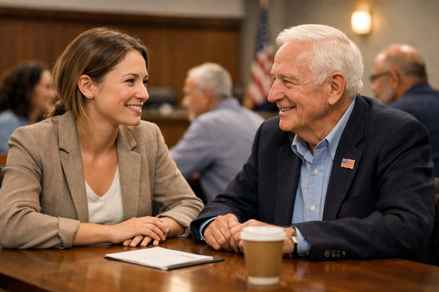 A veteran and a young adult in a community dialogue discussing unity and 250 years of patriotism.