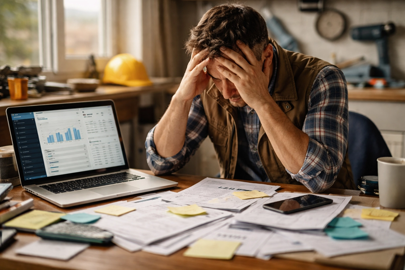 Stressed contractor overwhelmed by messy lead sheets