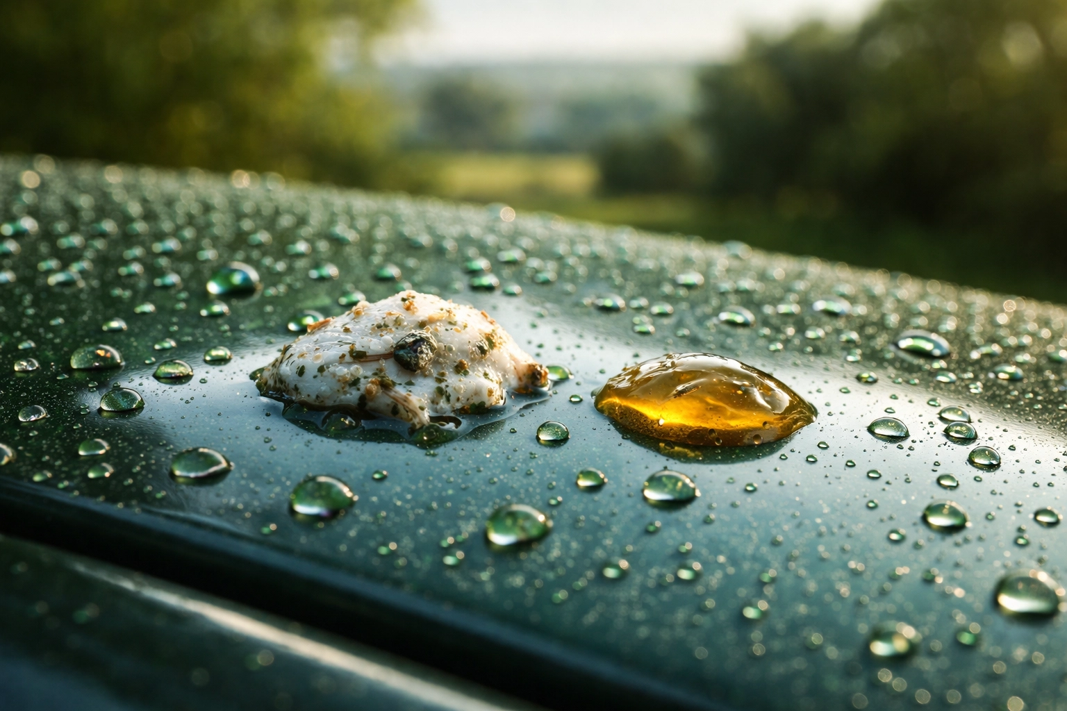 Macro view of bird droppings and tree sap on ceramic-coated green car surface, showing paint protection effectiveness