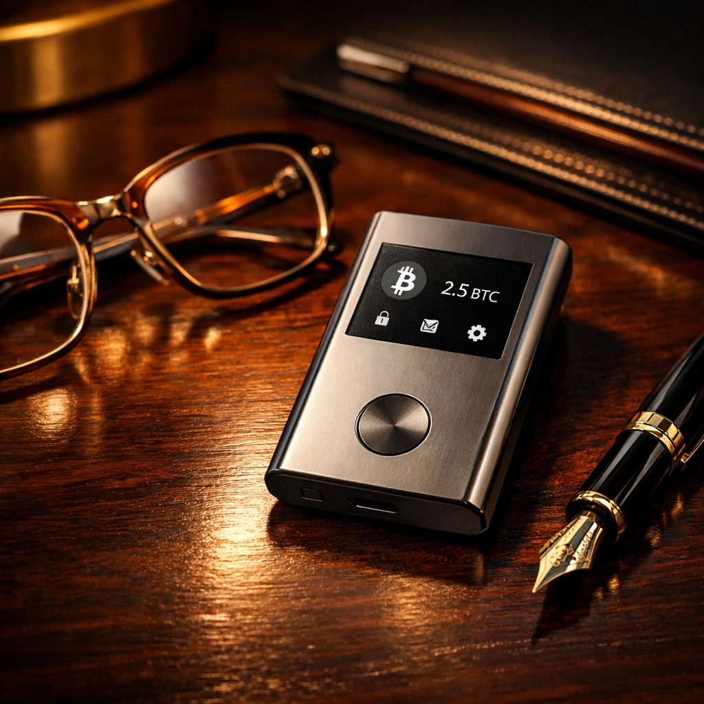 A hardware cryptocurrency wallet on an executive desk, symbolizing Bitcoin as a digital gold asset.