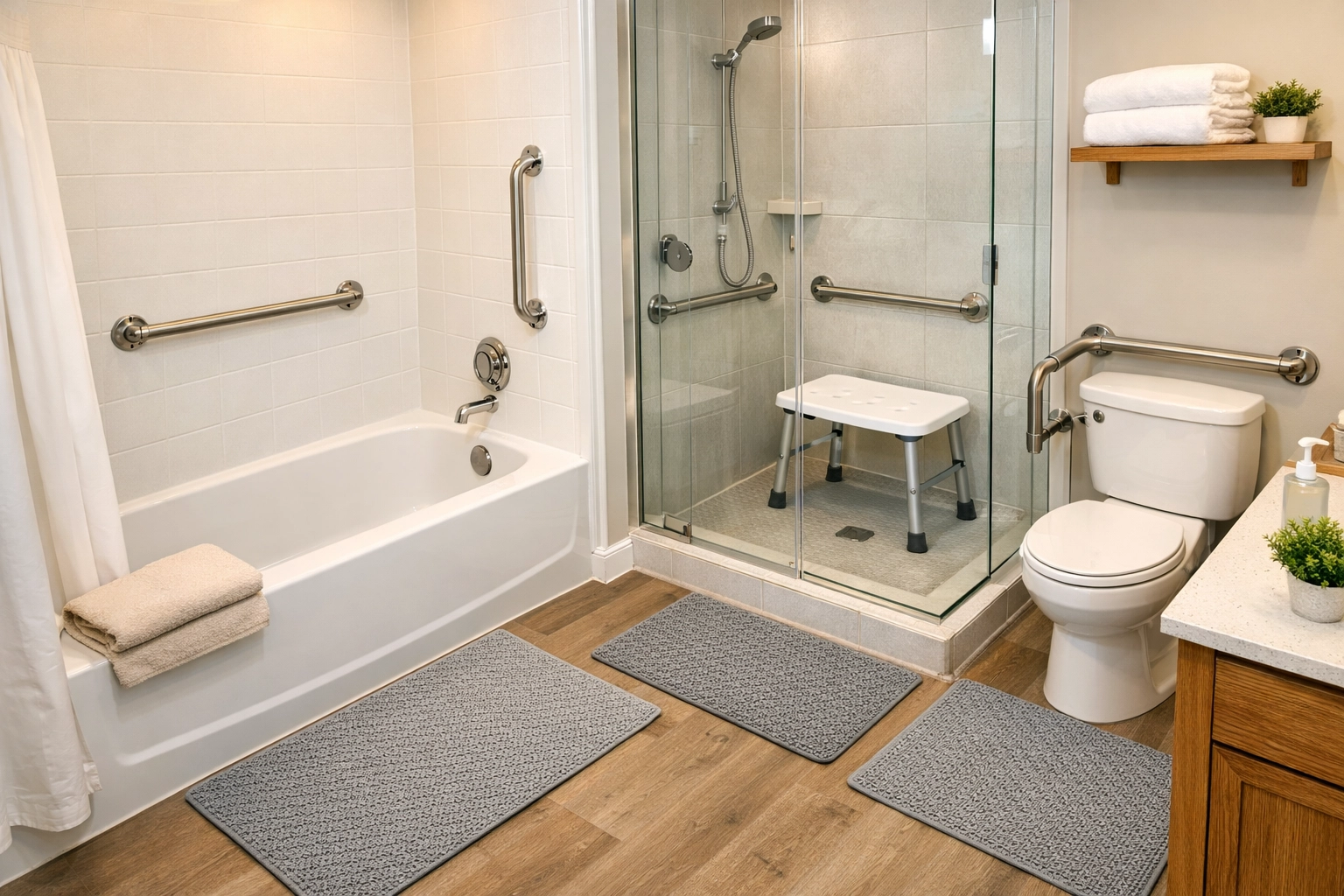 Safe bathroom with grab bars, non-slip mats, and shower bench for senior fall prevention