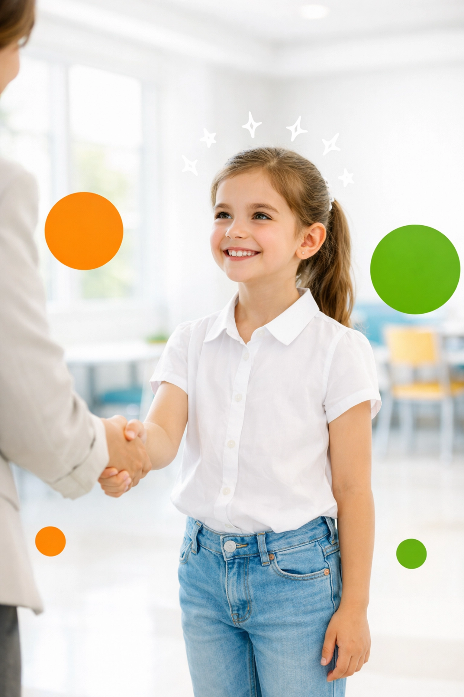 Confident young girl practicing social etiquette by introducing herself with a polite smile and eye contact.
