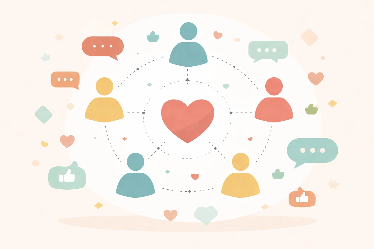 Illustration de l’engagement communautaire sur les réseaux sociaux, échanges et interactions autour d’un cœur central