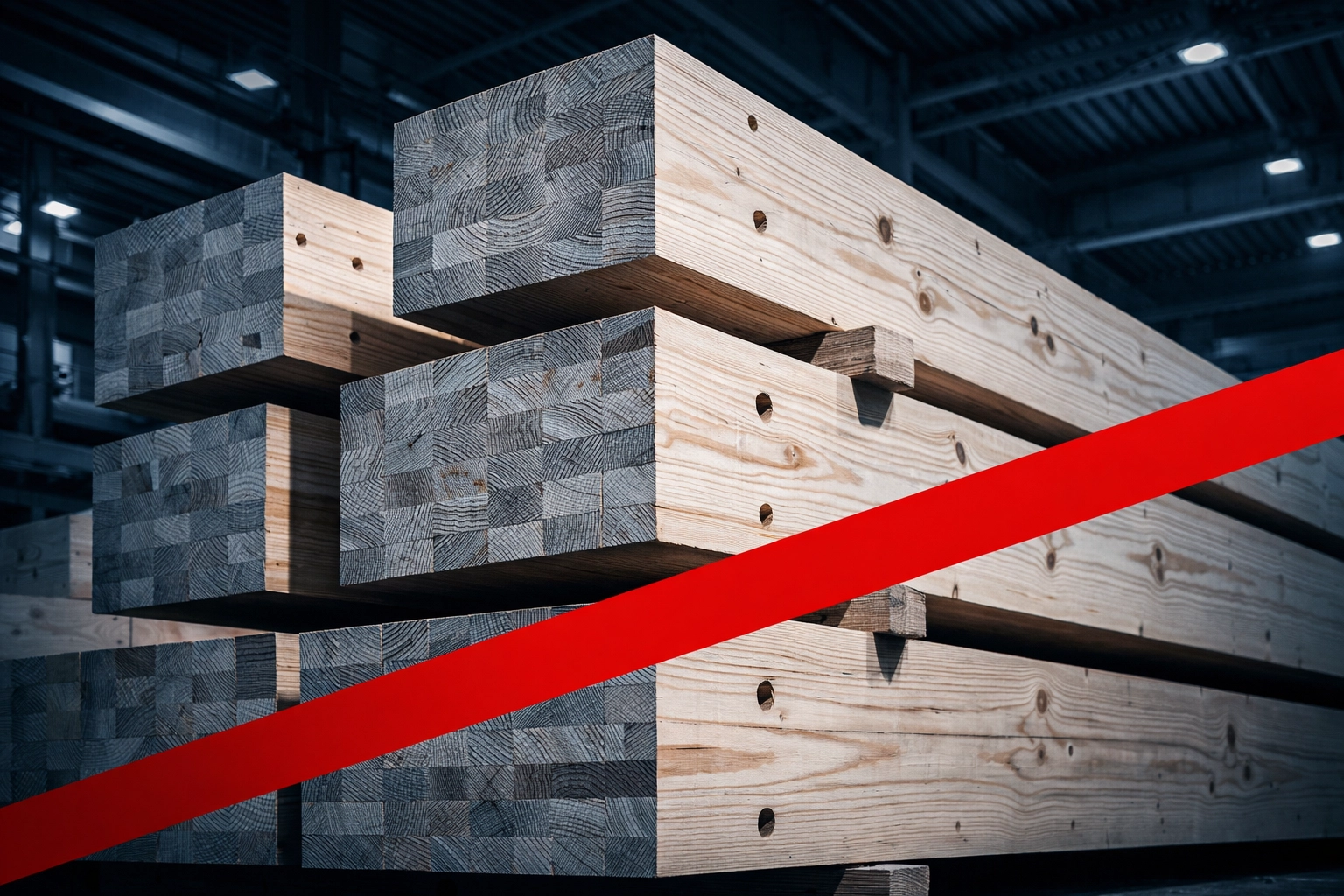 Precision-engineered mass timber beams in an industrial facility supporting Maritimes forestry.