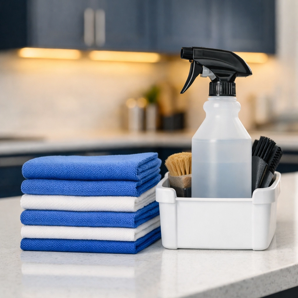 Professional cleaning supplies on a modern kitchen island, highlighting expert apartment cleaning Boston standards.