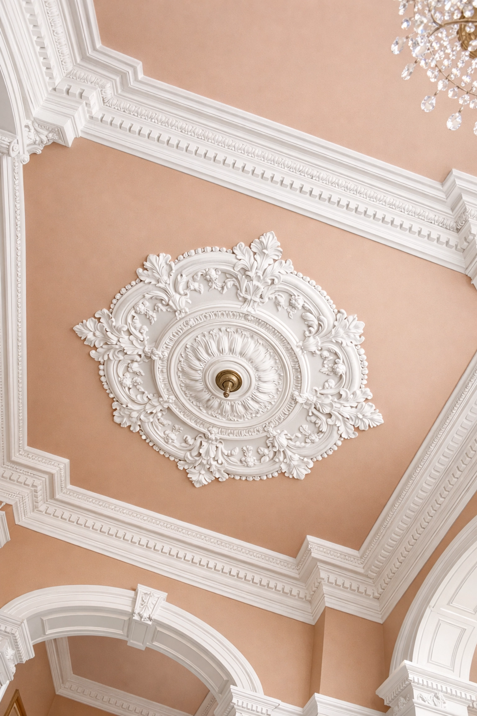 Decorative Victorian ceiling with white coving and a muted clay paint finish in a Cheltenham home.