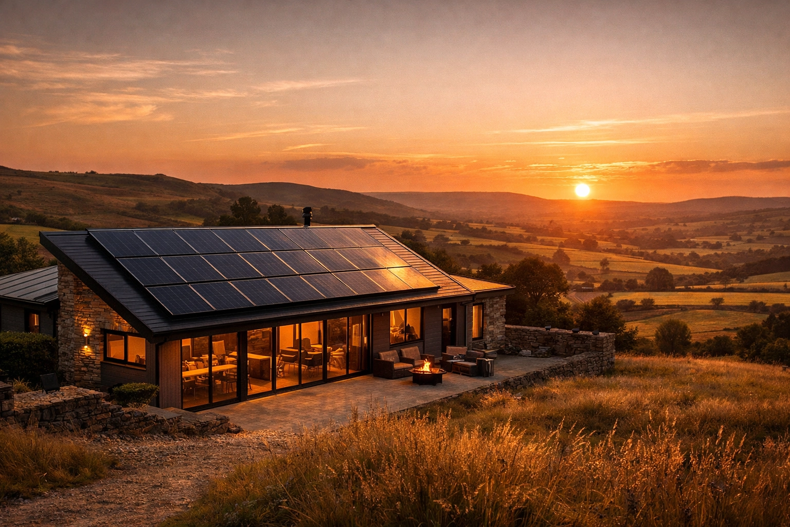 A sustainable Derbyshire home featuring a solar panel installation at sunset.