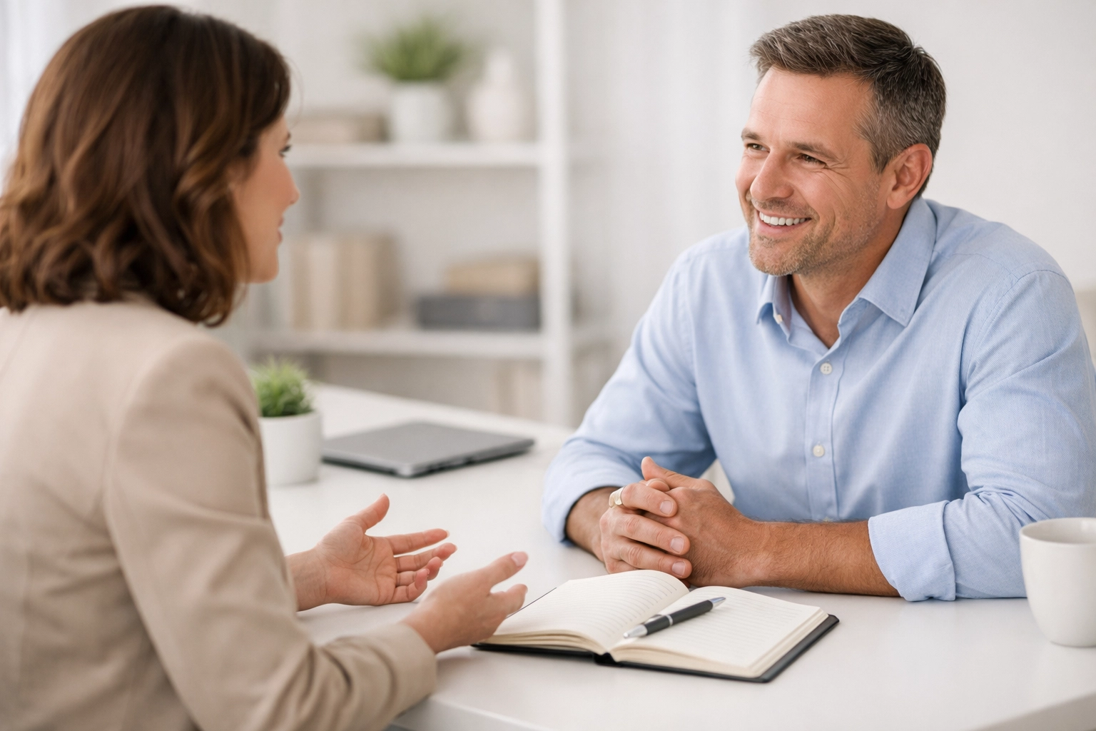 Collaborative business meeting between a bookkeeper and client discussing financial strategy and goals.