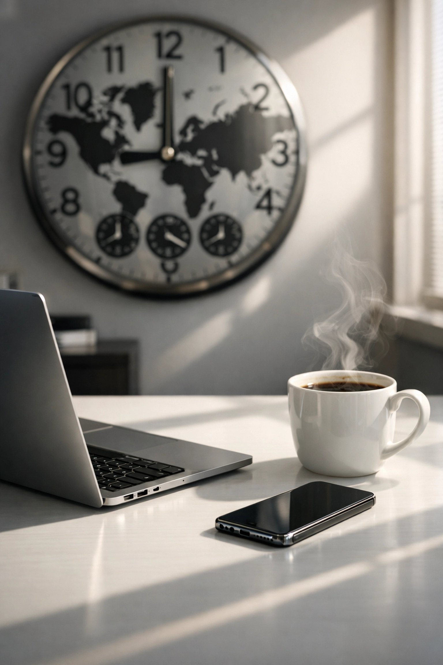 Executive desk with a laptop and world clock representing the Dakdan daily 9AM portfolio strategy and global reach.