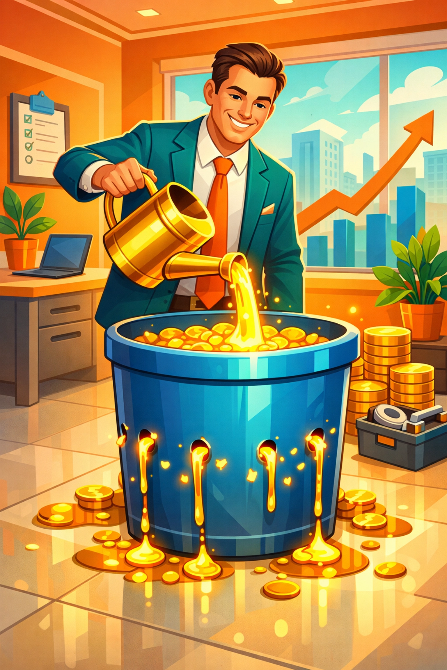 Business owner pouring gold into a leaky bucket representing missed enquiries and revenue loss.