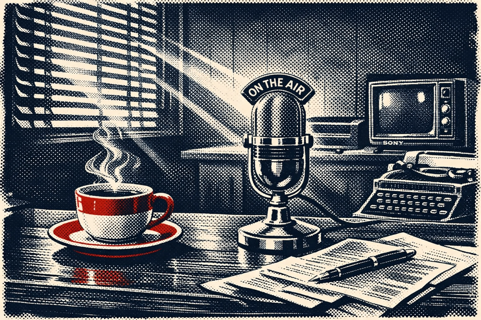 Peaceful morning newsroom desk with coffee and microphone in soft sunlight