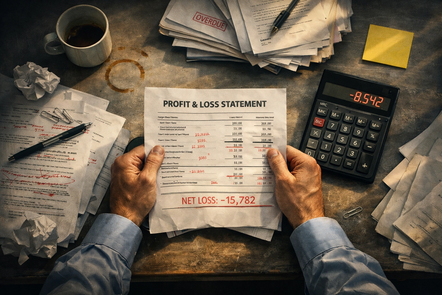 MSP owner reviewing profit and loss statement showing declining margins and financial challenges