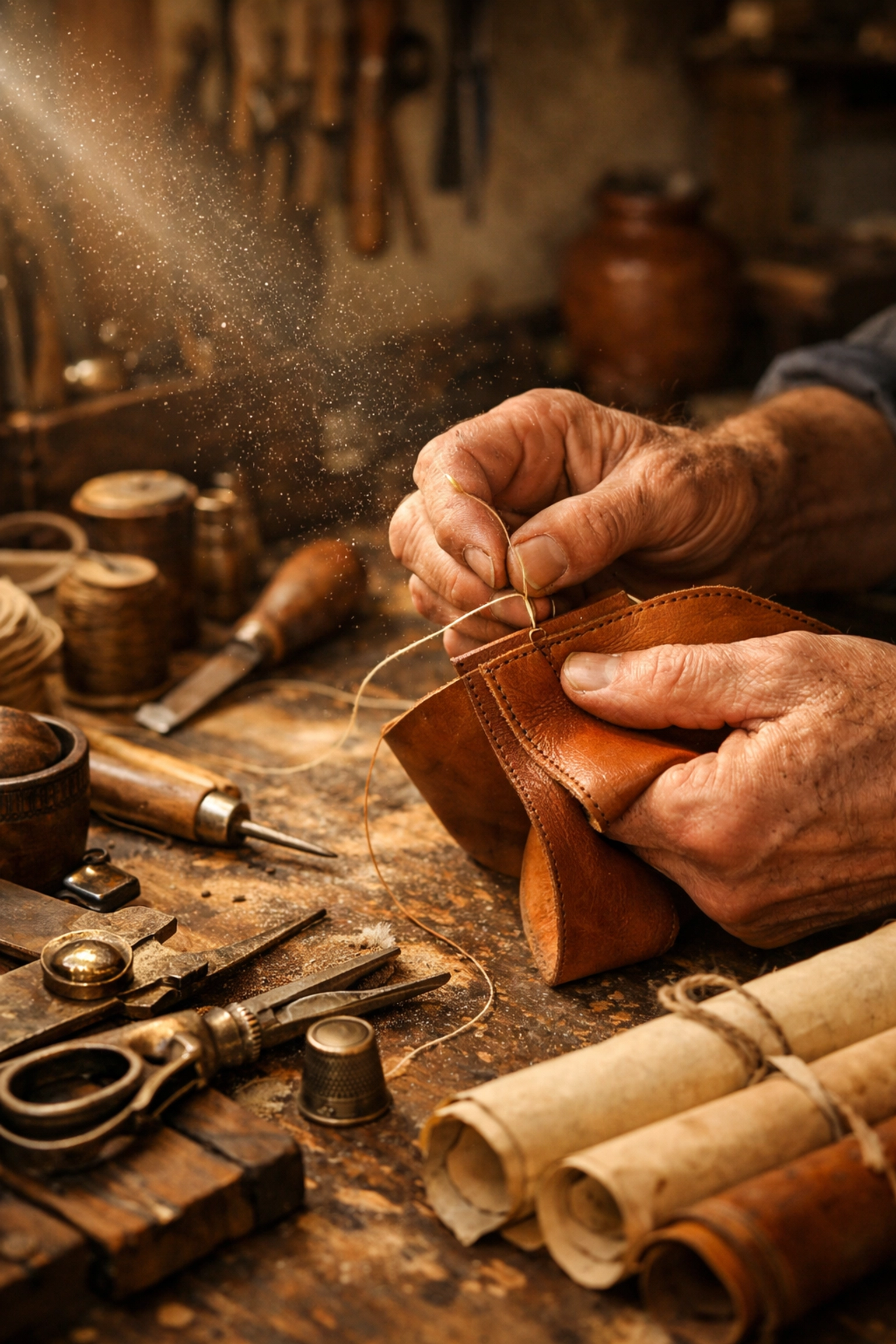 Skilled artisan hand-stitching leather in a sunlit Florence workshop, highlighting authentic local insights.