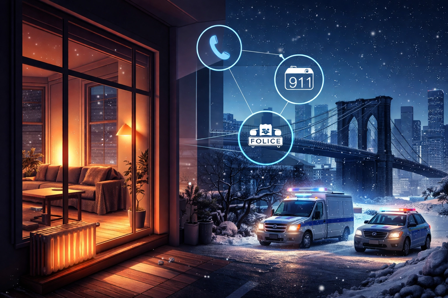 Brooklyn apartment glows with warm radiators at night in winter, emphasizing 24/7 emergency heat response